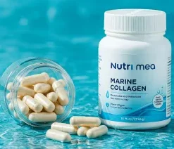 Flacon et gélules de Collagène Marin Type I & II 900mg Nutrimea pour la peau et les articulations