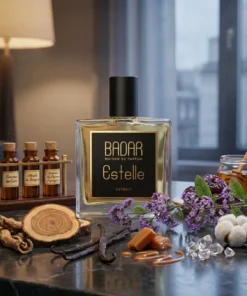Estelle Badar Maison de Parfum, parfum gourmand haute joaillerie, fragrance addictive au miel et ciste, parfum de luxe entre Orient et Occident, extrait de parfum à l'héliotrope, sillage longue durée vanille caramel, création olfactive Margaux Le Paih-Guérin, parfum de niche français haut de gamme.