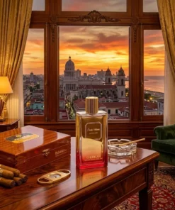 Flacon de parfum, Fiesta à habana. de la maison Cherigan Paris Exposé sur une table en bois de luxe dans une suite d'un hôtel palace de la Havane à Cuba.
