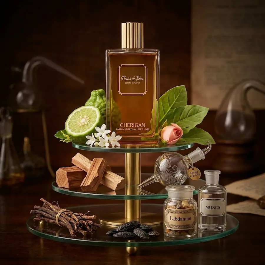 Parfum fleur de tabac de la maison Cherigan Paris, à côté de tous ces éléments qui ont participé à l'élaboration de ce parfum.