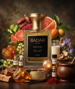 Rouge éclat de Badar Parfum.Le flacon de parfum est entouré de tous les produits qui ont fait usage pour son élaboration.