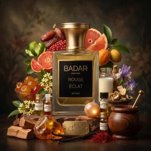 Rouge éclat de Badar Parfum.Le flacon de parfum est entouré de tous les produits qui ont fait usage pour son élaboration.