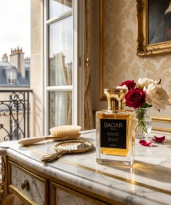 Rouge éclat de la maison Badar Parfum.Le flacon est posé sur une table luxueuse d'une chambre dans un palace parisien.