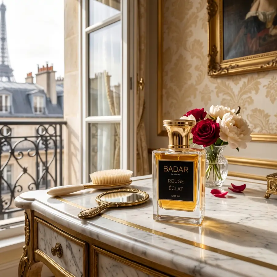 Rouge éclat de la maison Badar Parfum.Le flacon est posé sur une table luxueuse d'une chambre dans un palace parisien.