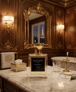 Flacon de parfum de niche. De la maison Badar Parfums. sur une table dans une salle de bain d'une chambre d'un palace parisien.