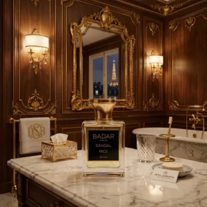 Flacon de parfum de niche. De la maison Badar Parfums. sur une table dans une salle de bain d'une chambre d'un palace parisien.