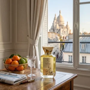  Flacon du parfum Sérénade de la maison Bey parfum Posé sur une table, donnant sur la vue du Sacré-Cœur.