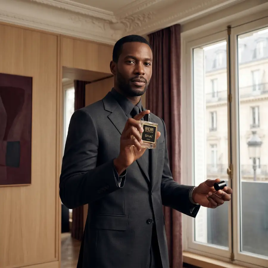 Homme d'affaires élégant, habitant dans un appartement de lux haussmannien à Paris, qui se parfume avec un parfum d'exception, Sinaï, de la maison Badar parfum