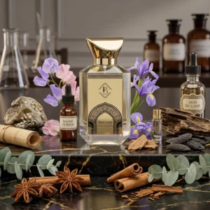 Extrait de parfum Target de la maison BEY parfums. Sur cette photo, on peut voir tous les éléments naturels qui ont été utilisés à l'élaboration de ce parfum.