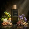Flacon de parfum Valse d'Amande Avec tout un échantillonnage de produits qui a été utilisé pour la conception du parfum.