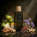 Flacon de parfum Valse d'Amande Avec tout un échantillonnage de produits qui a été utilisé pour la conception du parfum.