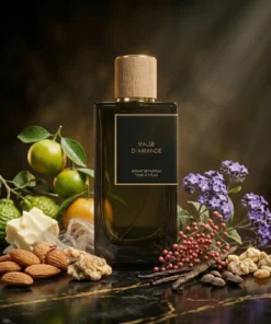 Flacon de parfum Valse d'Amande Avec tout un échantillonnage de produits qui a été utilisé pour la conception du parfum.