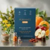 Boîte de 60 gélules de puissance 1000 Posé sur une table avec tous les ingrédients qui composent les gélules. Il y a des oranges, des pommes, des piments de caïenne, des vitamines, de l'adipomine et du Fenugrec et Lotier