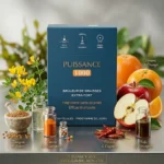 Boîte de 60 gélules de puissance 1000 Posé sur une table avec tous les ingrédients qui composent les gélules. Il y a des oranges, des pommes, des piments de caïenne, des vitamines, de l'adipomine et du Fenugrec et Lotier