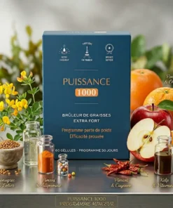 Boîte de 60 gélules de puissance 1000 Posé sur une table avec tous les ingrédients qui composent les gélules. Il y a des oranges, des pommes, des piments de caïenne, des vitamines, de l'adipomine et du Fenugrec et Lotier