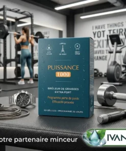 Puissance 1000 boîtes de 60 gélules posées sur une table dans une salle de sport de luxe.