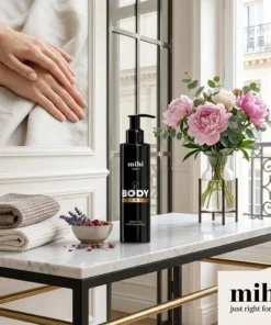 Flacon d'huile de massage amincissante posé dans un luxueux décor parisien relaxant, évoquant la joie et la santé absolue.