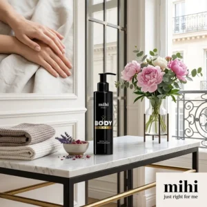 Flacon d'huile de massage amincissante posé dans un luxueux décor parisien relaxant, évoquant la joie et la santé absolue.