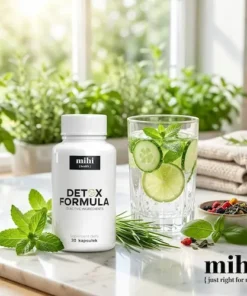 Composition lumineuse évoquant la joie et la santé, mettant en avant la boîte de la cure détox minceur Mihi avec le logo just right for me en bas à droite.