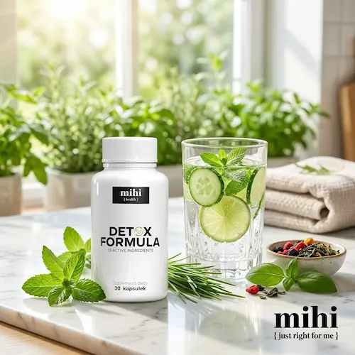 Composition lumineuse évoquant la joie et la santé, mettant en avant la boîte de la cure détox minceur Mihi avec le logo just right for me en bas à droite.