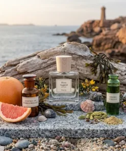 Photographie de produit du parfum "Bleu Asgard" de la marque Poécile, posé sur un bloc de granit entouré de ses ingrédients olfactifs (pamplemousse, cardamome, algues, bois flotté) sur une plage bretonne avec un phare en arrière-plan.