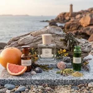 Photographie de produit du parfum "Bleu Asgard" de la marque Poécile, posé sur un bloc de granit entouré de ses ingrédients olfactifs (pamplemousse, cardamome, algues, bois flotté) sur une plage bretonne avec un phare en arrière-plan.
