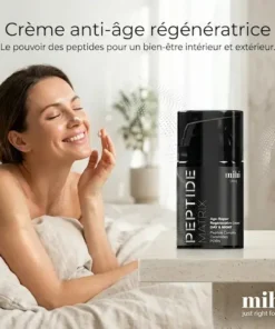 Image promotionnelle carrée montrant une crème de soin dans une ambiance de bien-être, de joie et de confort, avec le logo mihi.
