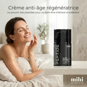 Image promotionnelle carrée montrant une crème de soin dans une ambiance de bien-être, de joie et de confort, avec le logo mihi.