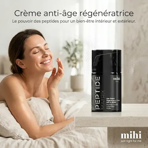 Image promotionnelle carrée montrant une crème de soin dans une ambiance de bien-être, de joie et de confort, avec le logo mihi.