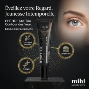 Image promotionnelle carrée montrant un soin contour des yeux dans une atmosphère joyeuse et lumineuse, évoquant la bonne santé, avec le logo mihi.