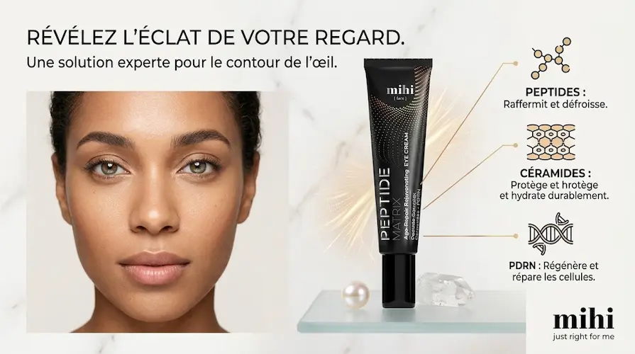 Affiche publicitaire rectangulaire illustrant un soin contour des yeux dans un décor naturel apaisant, évoquant la minceur et le bien-être, avec le logo mihi.