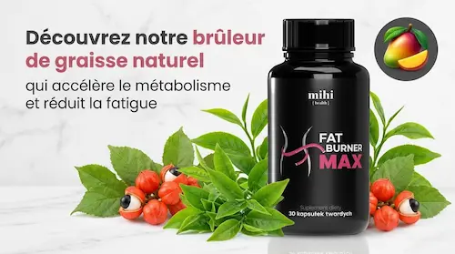 Visuel publicitaire intégrant des éléments végétaux naturels comme le thé vert pour symboliser la perte de poids et l'énergie du brûleur de graisse naturel.