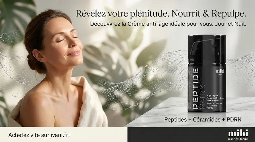 Affiche publicitaire rectangulaire illustrant un soin visage dans un décor naturel apaisant, évoquant la minceur et le bien-être.