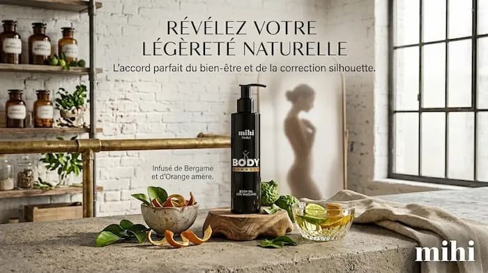 Bannière élégante illustrant des ingrédients naturels botaniques et une huile de massage minceur pour un bien-être corporel quotidien.