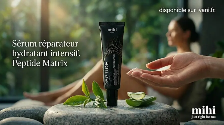 Affiche publicitaire rectangulaire illustrant un soin hydratant dans un décor naturel et apaisant, évoquant le bien-être et la minceur, avec le logo mihi.
